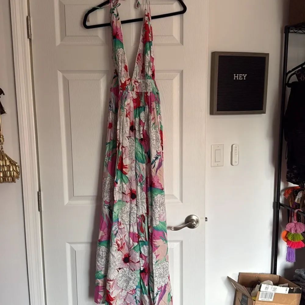Floral Maxi Dress with Pink and Green Accents - Medium - America & Beyond